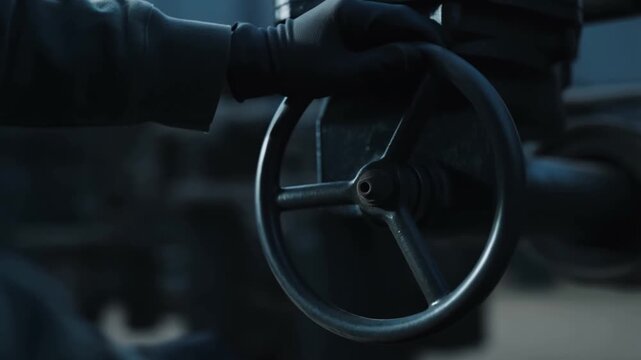 A person wearing black gloves carefully turns a large industrial valve wheel in a dimly lit, moody setting, suggesting critical machinery or a high-stakes manual operation.
