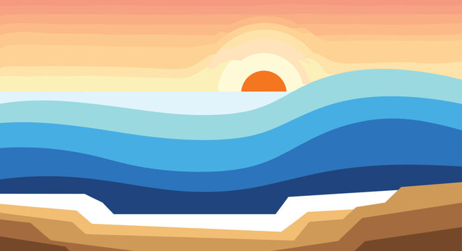 Abstract sea landscape features layered blue waves crashing onto a brown sandy beach during a soft and warm orange sunset.