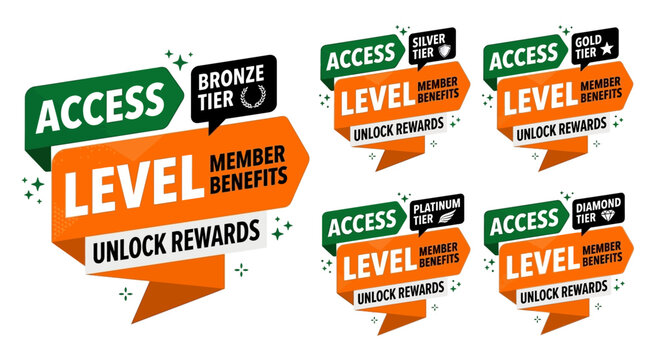 A vector graphic illustration of multiple speech bubbles with labels like Access Level and Unlock Rewards on a promotional material for member benefits.