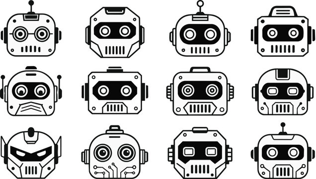 Diverse Modern Robot Head Vector Icons Set Flat Design
