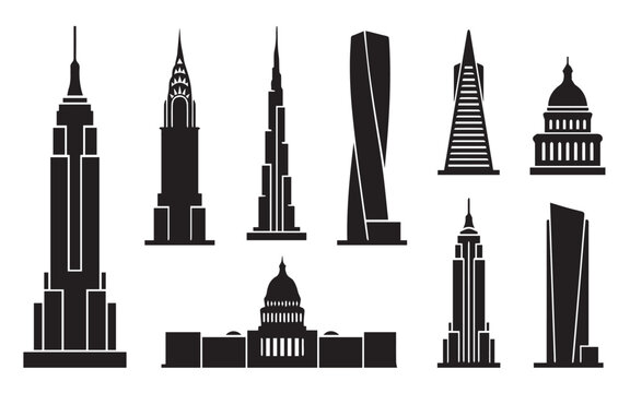 Famous skyscrapers and city landmarks silhouette icon set. Global architecture and historic building vector illustrations.