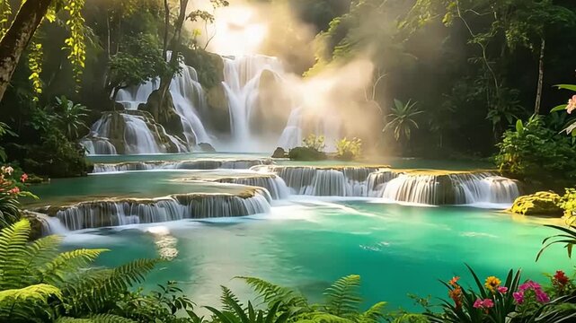 Stunning multi-tiered waterfall cascades over rocky ledges into crystal-clear turquoise pools, surrounded by dense tropical rainforest, vibrant green ferns, and colorful exotic flowers