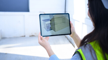 Female Engineer Using Tablet to View 3D Building Model at Construction Site © Prathankarnpap