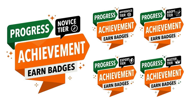 Vector graphics display achievement badges for progress and novice tier levels
