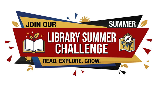 Summer library challenge banner with colorful design and book icon vector graphics