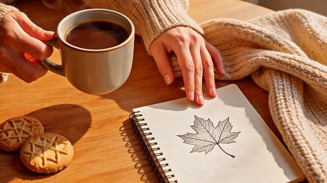 Steaming coffee cup on wooden table