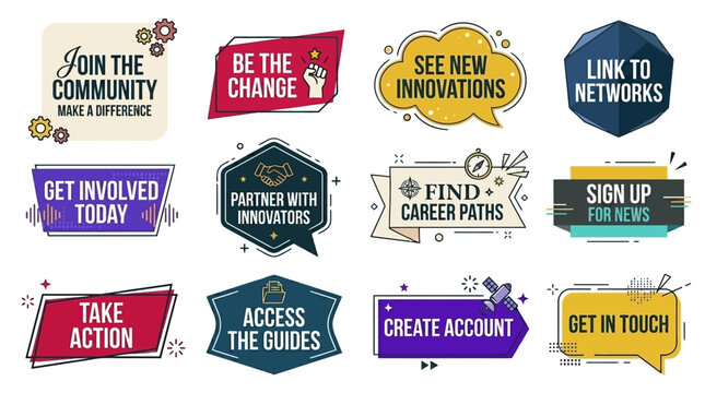 A collection of colorful vector speech bubbles with various phrases on a plain background