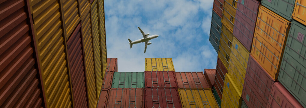 Airplane Flying Over Stacked Colorful Shipping Containers at Cargo Port, Global Logistics and Freight Transportation Concept