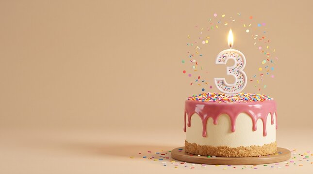 3rd Birthday Cake with Burning Number 3 Candle and Sprinkles on Wooden Table for Children Anniversary Invitation Cards and Party Flyer Designs