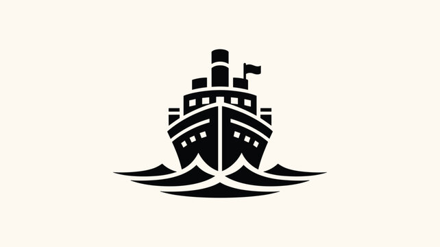 A black silhouette of a large passenger ship or cruise liner sailing on waves, viewed from front.