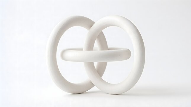 Abstract geometric sculpture of three interlocking matte white ceramic rings, isolated on a solid white background