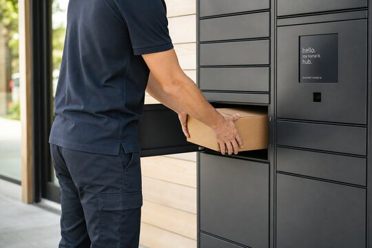Delivery courier placing cardboard box into modern smart parcel locker outside residential building, efficient contactless shipping service, close-up view.