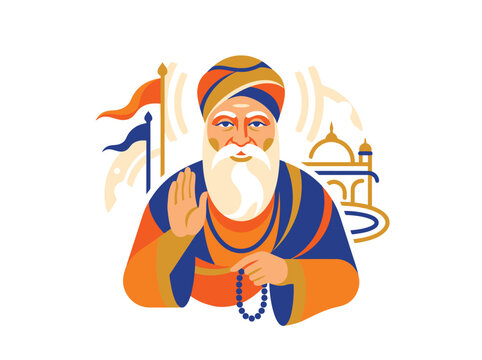 Spiritual Sikh guru illustration with blessing hand gesture, turban, and prayer beads