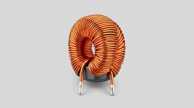 High-tech copper wire coil inductor showing a bright metallic spiral texture, isolated on a solid light grey background