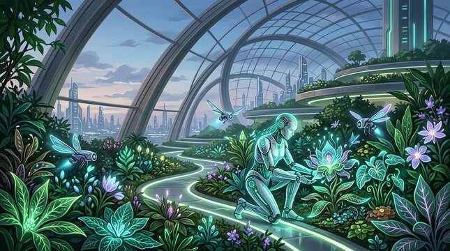 Futuristic robot kneels to nurture a glowing bioluminescent flower inside a modern high tech glass greenhouse in a cyberpunk city