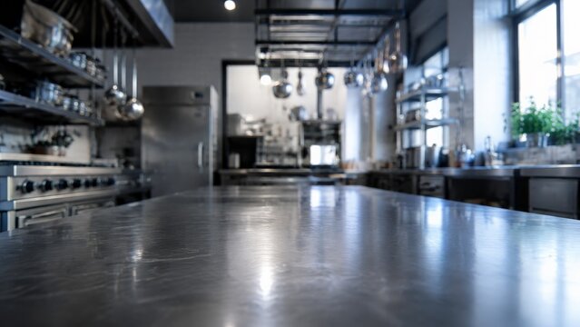 Close-up of reflective stainless steel countertop in empty professional commercial kitchen, foreground table surface leading eye to blurred background with industrial stove, hanging pots and pans