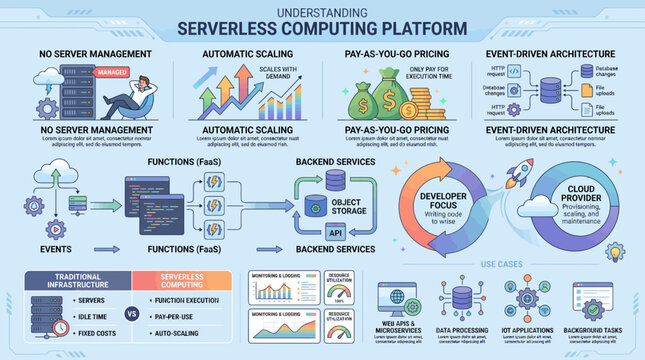 Diagram of serverless computing platform architecture and workflow.