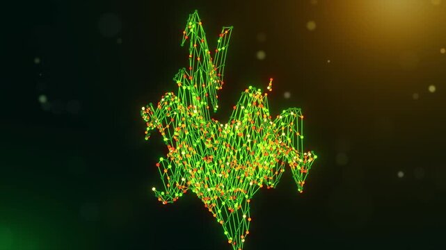 Animated Ireland map reveal created from neural network nodes and flowing data connections with connected intelligence text on a glowing green yellow orange technology background.