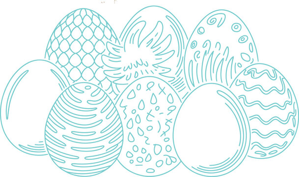 Easter eggs with various decorative patterns on white transparent background
