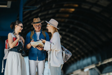 Fototapeta premium Three tourists consult a map while standing together at a station. They smile and plan their route as they prepare to explore.