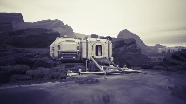 Mobile space station field laboratory by rocky outcrop with sample stations, instrument racks and external workbench, geology and atmospheric sampling setup