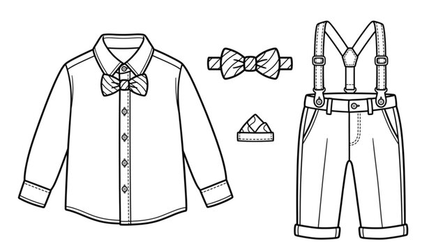 Boys Formal Outfit Line Art Vector with Bow Tie and Suspender Pants