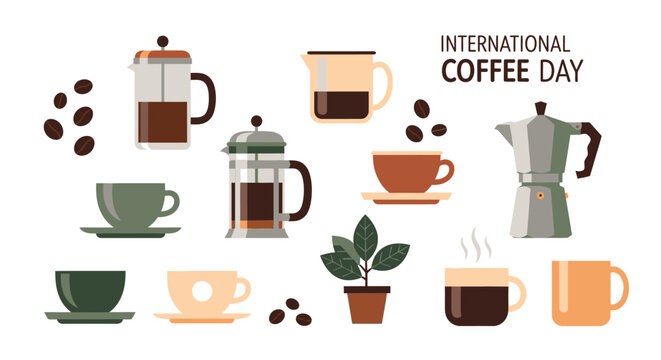 A vibrant celebration of International Coffee Day with various coffee cups and plants on a table indoors.