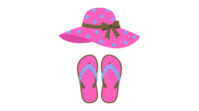 Pink sun hat with blue star pattern and matching flip-flops vector graphic, isolated on white background