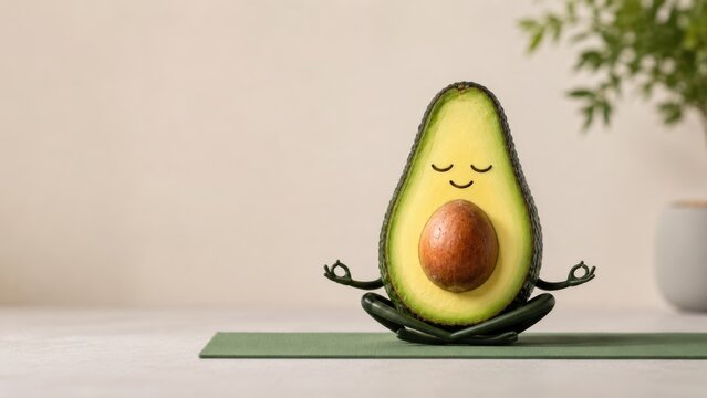 Cute avocado doing yoga meditation in lotus position, healthy lifestyle and wellness concept