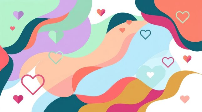 Abstract organic wavy shapes with floating hearts background pattern design