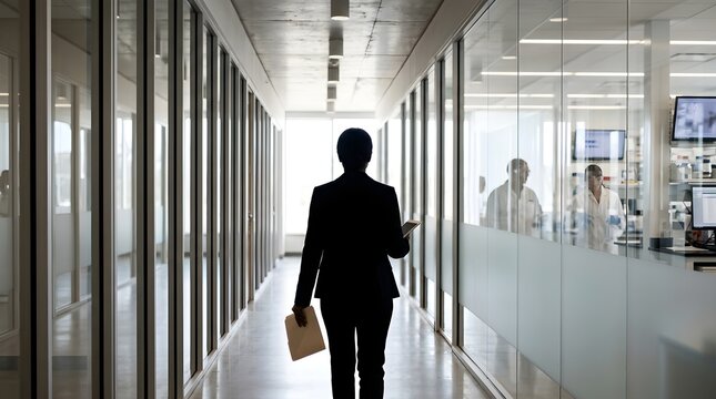 Businesswoman walks through a modern corporate office corridor toward glass.