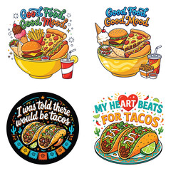 Naklejka premium Set of colorful fast food illustrations with funny quotes and typography for restaurant menu design