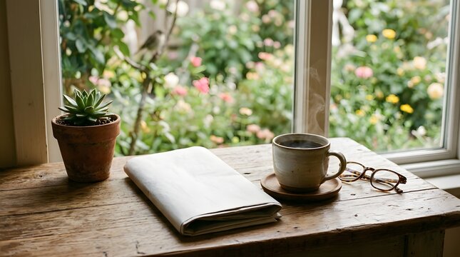 Newspaper rests on a wooden table beside a hot cup of coffee and spectacles.
