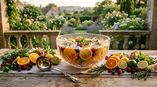Fruit punch bowl sits on an outdoor table prepared for a garden party feast.