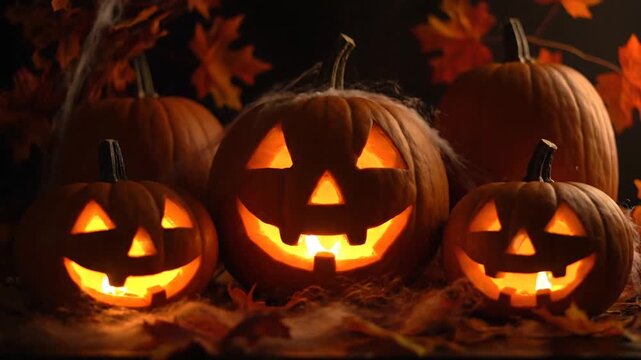 Several glowing carved pumpkins sit among fallen autumn leaves