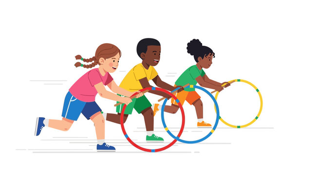 Diverse children racing with hula hoops, active play, sports competition, fun outdoor activity