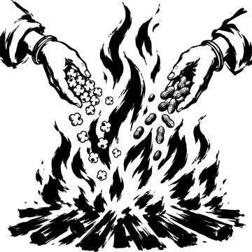 Traditional Lohri Bonfire Offering Ceremony Monochrome Illustration