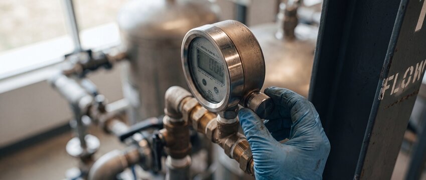 Industrial pressure gauge digital meter adjusted by worker gloved hand calibrating pipeline system in factory plant, close up of technician operating pressure control valve knob, manual maintenance.