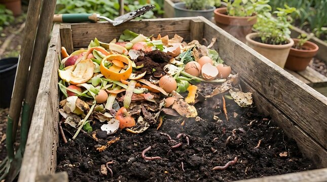 Organic waste decomposing in garden compost bin with worms and soil