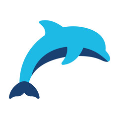 Flat of a jumping dolphin in blue and dark blue on a plain white background, web aquatic © RUNU STORE