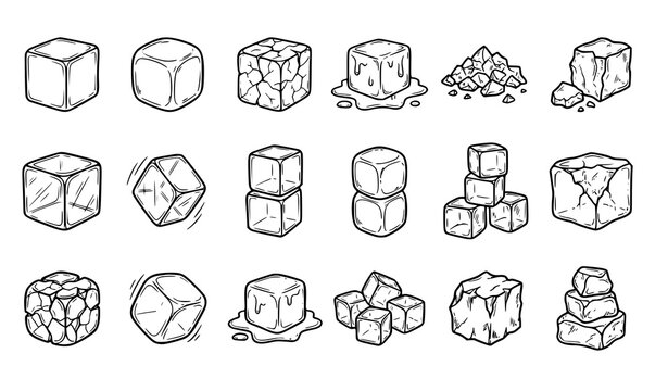 Hand Drawn Ice Cube Sketch Doodle Vector Set with Black Outline Frozen Water Icons