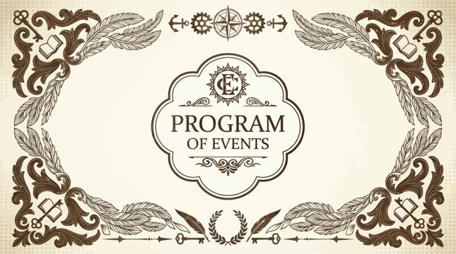 Ornate Vintage Program of Events Vector Banner with Decorative Scrollwork and Steampunk Accents, Ideal for Elegant Invitations and Event Templates