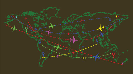 Global Air Travel Map with Airplane Icons and Flight Routes for Aviation, Transportation, and International Connection Design Projects © Rkniazi