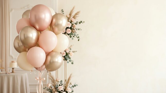Elegant cluster of shiny metallic gold and soft blush pink balloons arranged for a sophisticated wedding celebration or birthday party
