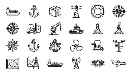 Nautical and shipping icons with maritime transport and navigation symbols on white background © Nurzahan