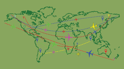 Global Air Travel Map with Airplane Icons and Flight Routes for Aviation, Transportation, and International Connection Design Projects © Rkniazi