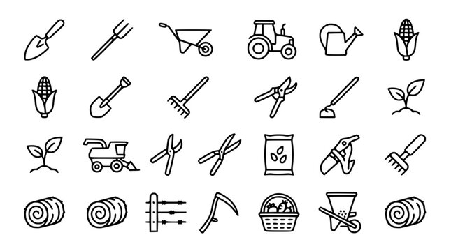 Agricultural icons set with farming tools and crops for rural business