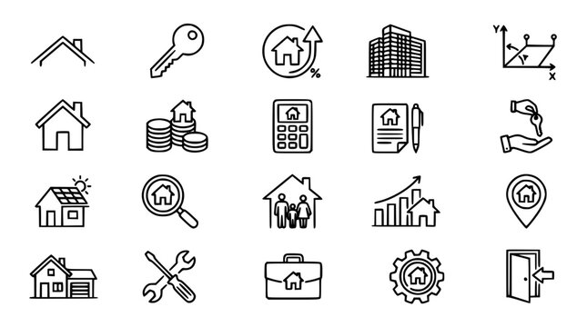 Collection of real estate icons with house symbols and investment concepts on white background
