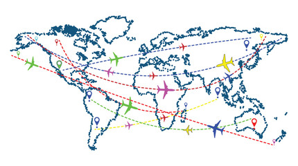 Global Air Travel Map with Airplane Icons and Flight Routes for Aviation, Transportation, and International Connection Design Projects © Rkniazi