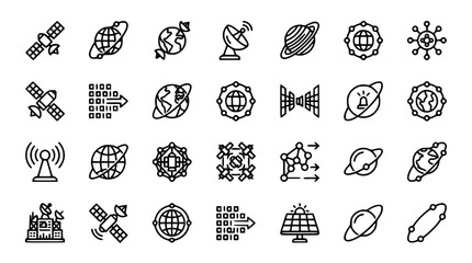 Global technology icons with satellites planets and data streams on white background © Nurzahan